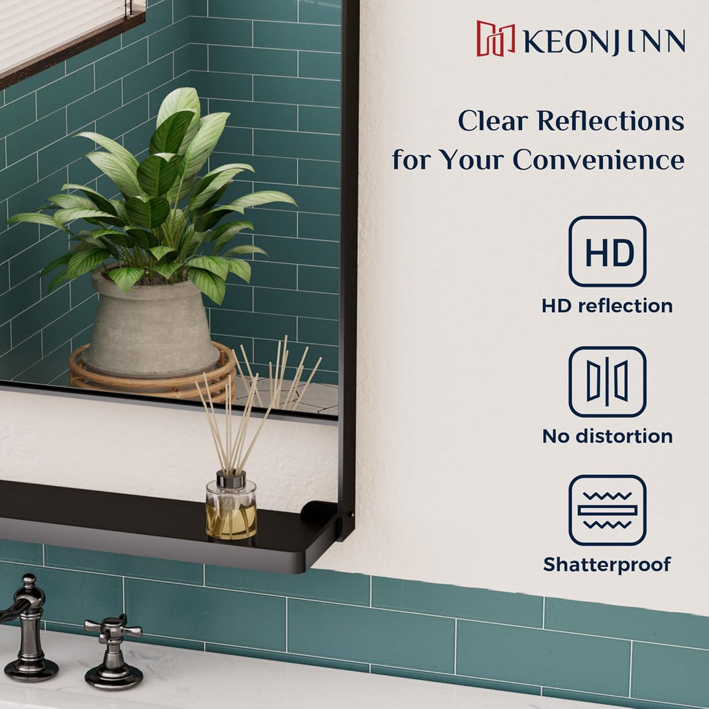18x28 Inch Black Bathroom Mirror with Shelf, Rectangle Metal Bathroom Vanity Mirror with Storage