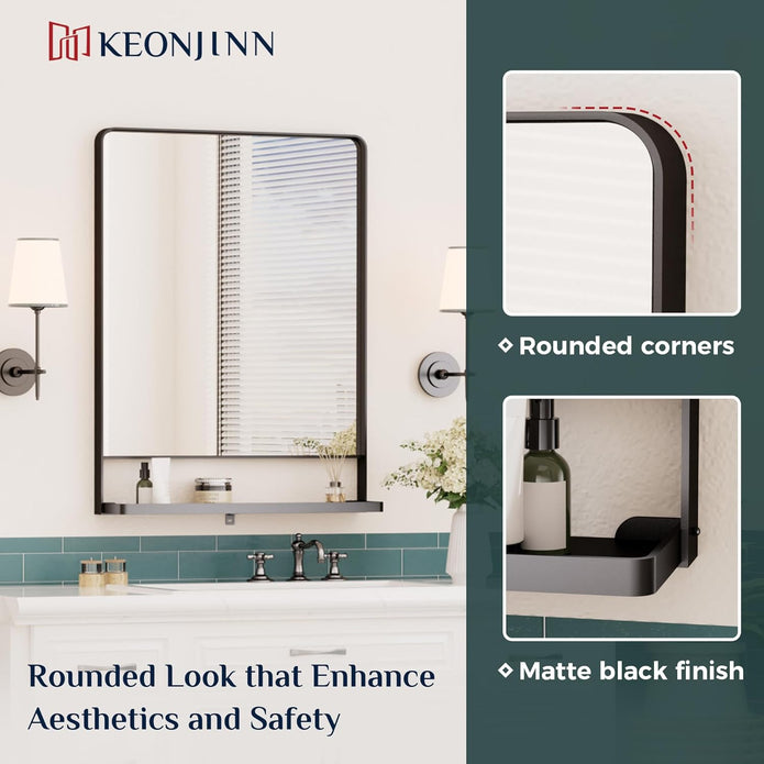 18x28 Inch Black Bathroom Mirror with Shelf, Rectangle Metal Bathroom Vanity Mirror with Storage