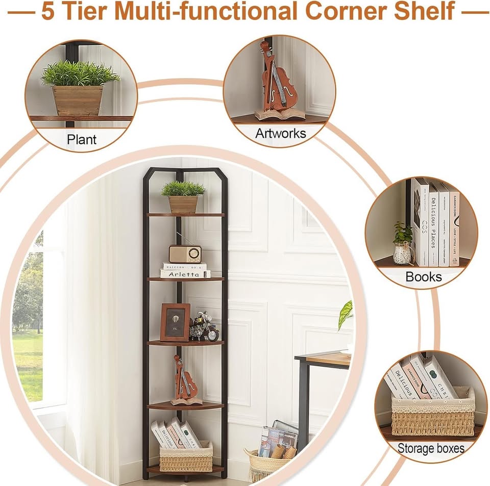 MNEETRUNG Corner Shelf, 5-Tier Industrial Corner Bookshelf with Metal Frame