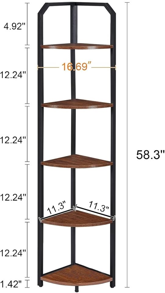 MNEETRUNG Corner Shelf, 5-Tier Industrial Corner Bookshelf with Metal Frame