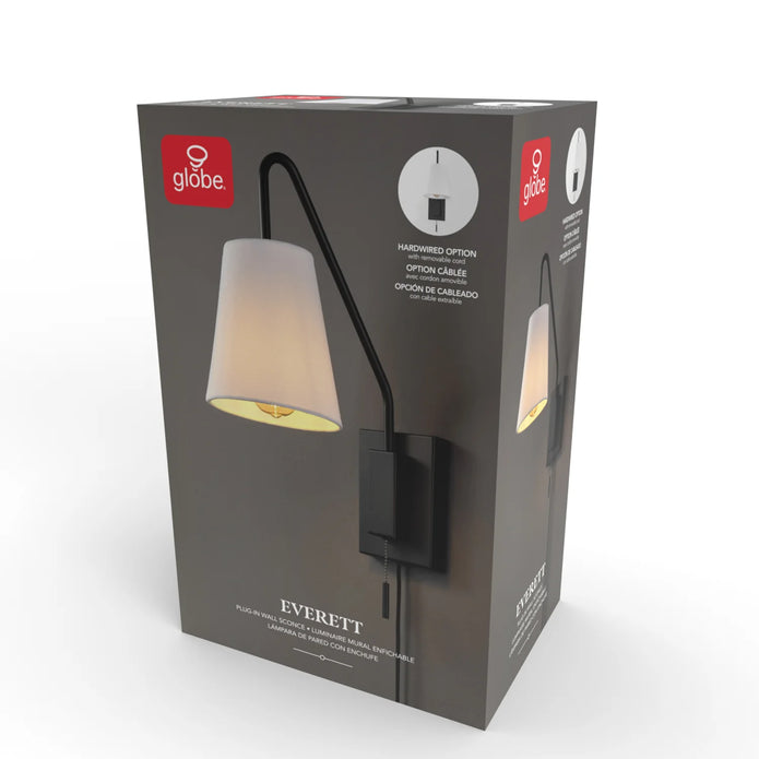 NEW/OPEN BOX Everett Matte Black Swing Arm Plug-In  Wall Sconce with White Fabric Shade