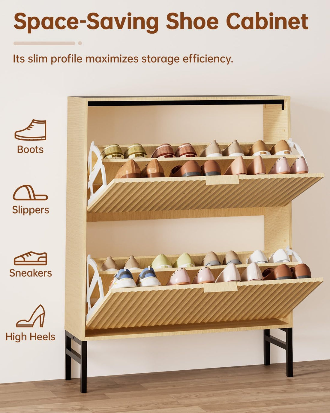 MIRICHY Shoe Cabinet, Fluted Shoe Cabinet Storage for Entryway with 2 Flip Drawers