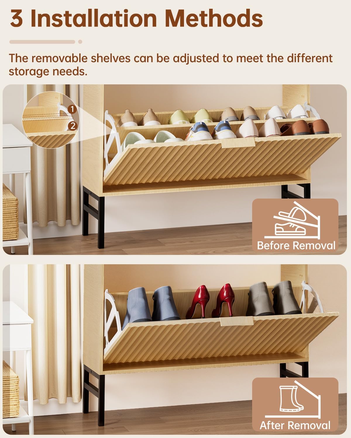 MIRICHY Shoe Cabinet, Fluted Shoe Cabinet Storage for Entryway with 2 Flip Drawers