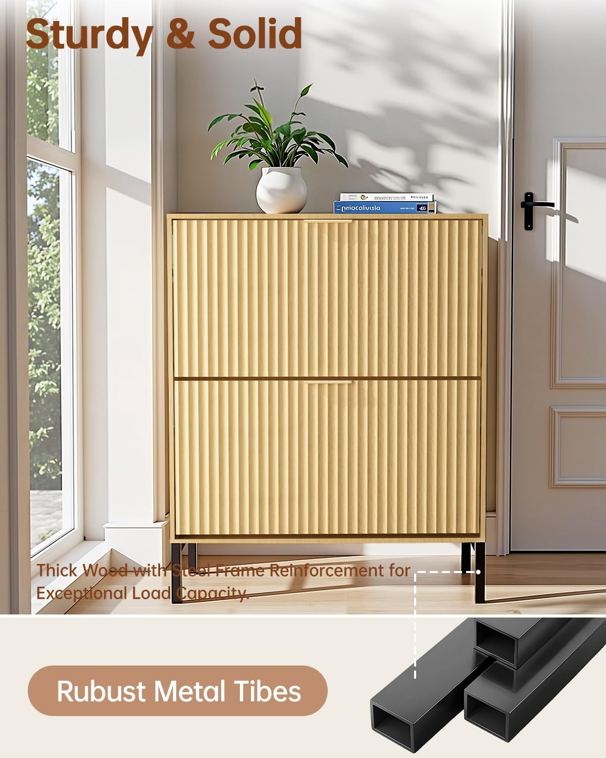 MIRICHY Shoe Cabinet, Fluted Shoe Cabinet Storage for Entryway with 2 Flip Drawers