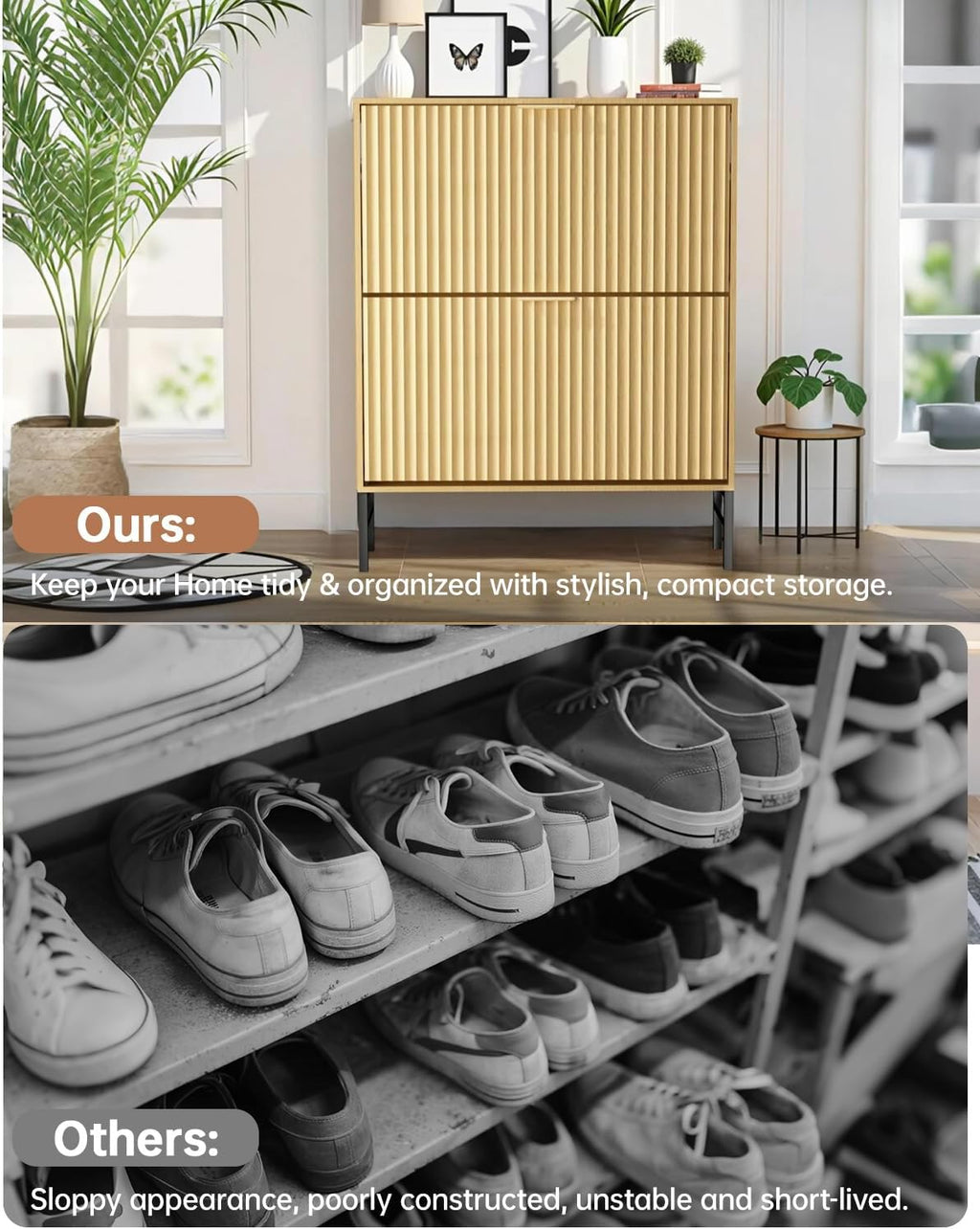 MIRICHY Shoe Cabinet, Fluted Shoe Cabinet Storage for Entryway with 2 Flip Drawers