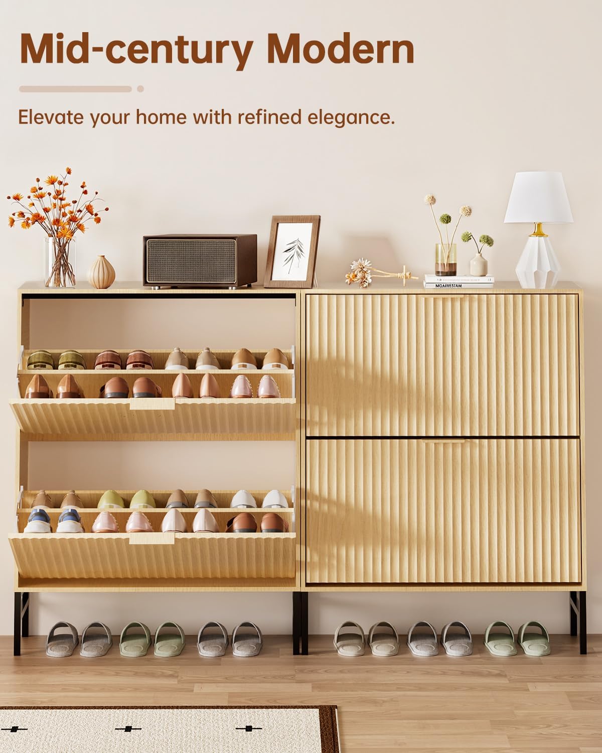 MIRICHY Shoe Cabinet, Fluted Shoe Cabinet Storage for Entryway with 2 Flip Drawers