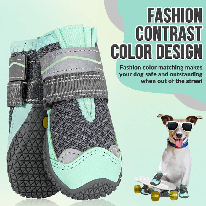 Dog Boots, Breathable Paw Protector Dogs Shoes, Dual Adjustable & Washable Non-Slip Dog Booties with Reflective Strip for Large Medium Small Dogs Injured Paws Walking Running Outdoor(#3, Green)