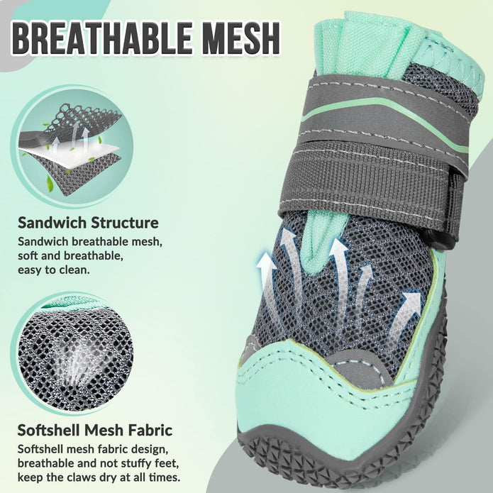 Dog Boots, Breathable Paw Protector Dogs Shoes, Dual Adjustable & Washable Non-Slip Dog Booties with Reflective Strip for Large Medium Small Dogs Injured Paws Walking Running Outdoor(#3, Green)