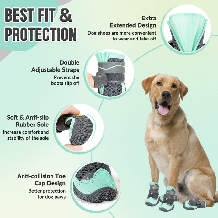 Dog Boots, Breathable Paw Protector Dogs Shoes, Dual Adjustable & Washable Non-Slip Dog Booties with Reflective Strip for Large Medium Small Dogs Injured Paws Walking Running Outdoor(#3, Green)
