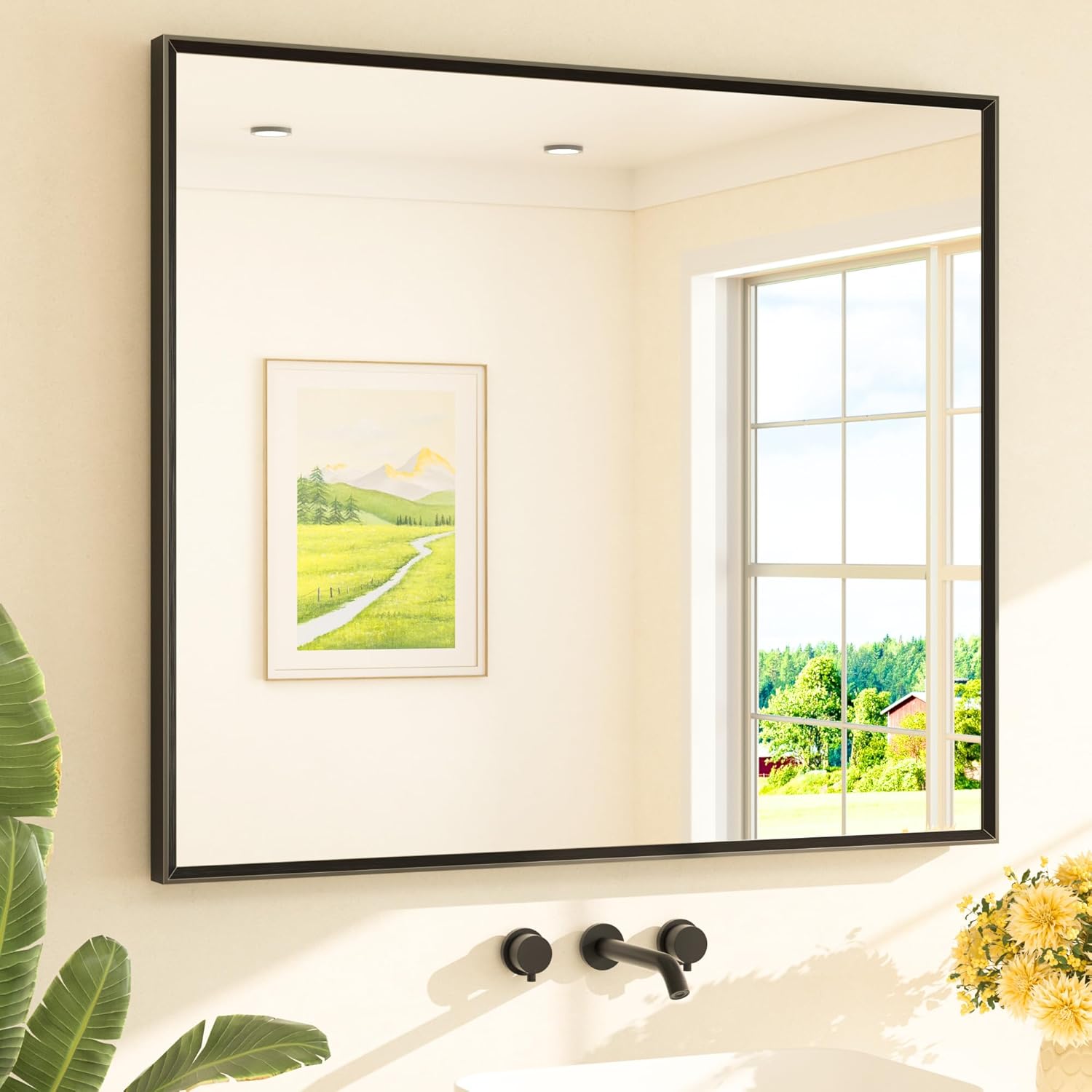 Matte Black Mirror 42 x 36 Beveled Rectangle Bathroom Vanity Mirror for Over Sink, Tempered Glass