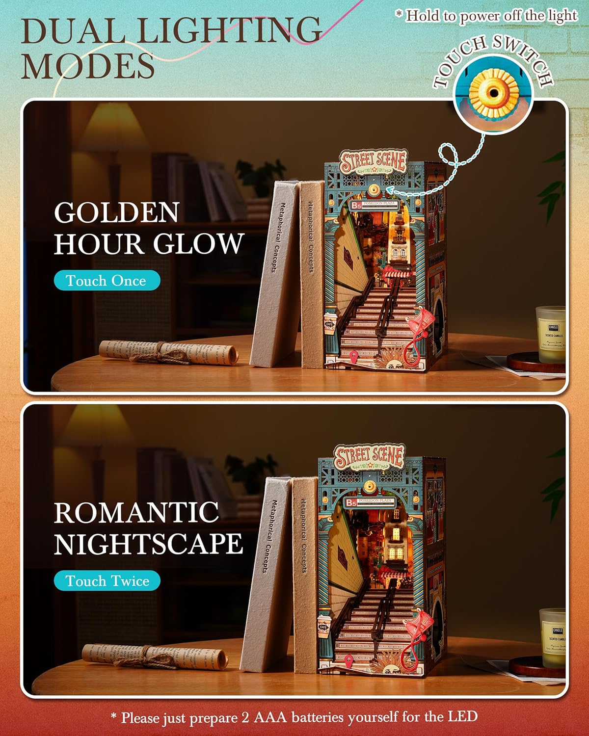 Rolife DIY Book Nook Kits Sunset Street Scene, Endless Stairs Bookshelf Decor 3D Wooden Puzzles for Adults, DIY Miniature House Model Building Kits / TGB13