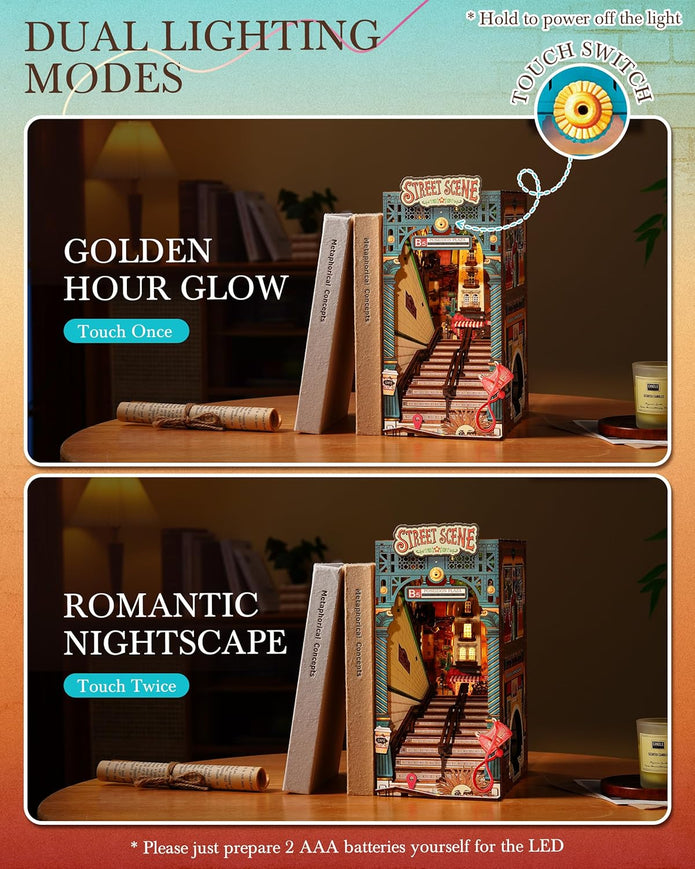 Rolife DIY Book Nook Kits Sunset Street Scene, Endless Stairs Bookshelf Decor 3D Wooden Puzzles for Adults, DIY Miniature House Model Building Kits / TGB13