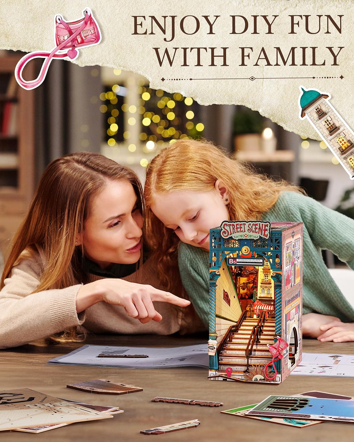 Rolife DIY Book Nook Kits Sunset Street Scene, Endless Stairs Bookshelf Decor 3D Wooden Puzzles for Adults, DIY Miniature House Model Building Kits / TGB13