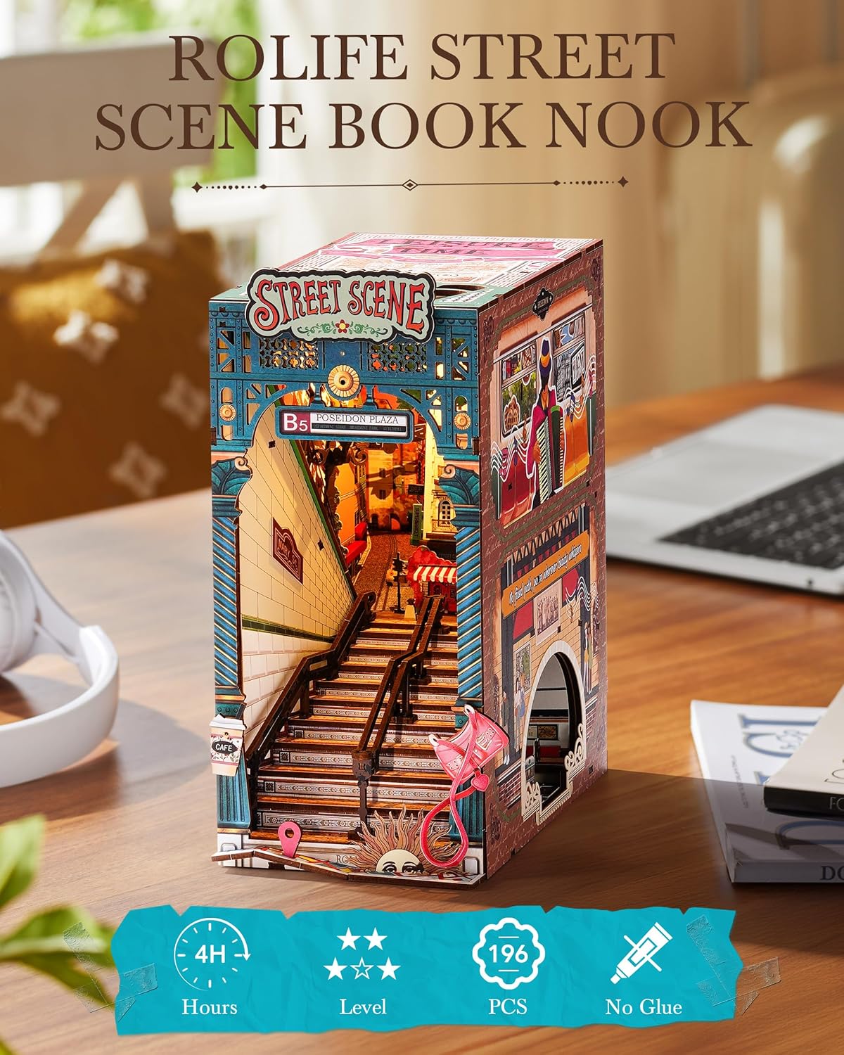 Rolife DIY Book Nook Kits Sunset Street Scene, Endless Stairs Bookshelf Decor 3D Wooden Puzzles for Adults, DIY Miniature House Model Building Kits / TGB13