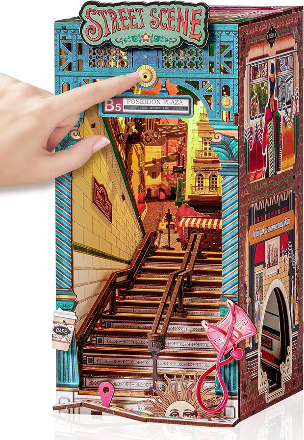 Rolife DIY Book Nook Kits Sunset Street Scene, Endless Stairs Bookshelf Decor 3D Wooden Puzzles for Adults, DIY Miniature House Model Building Kits / TGB13