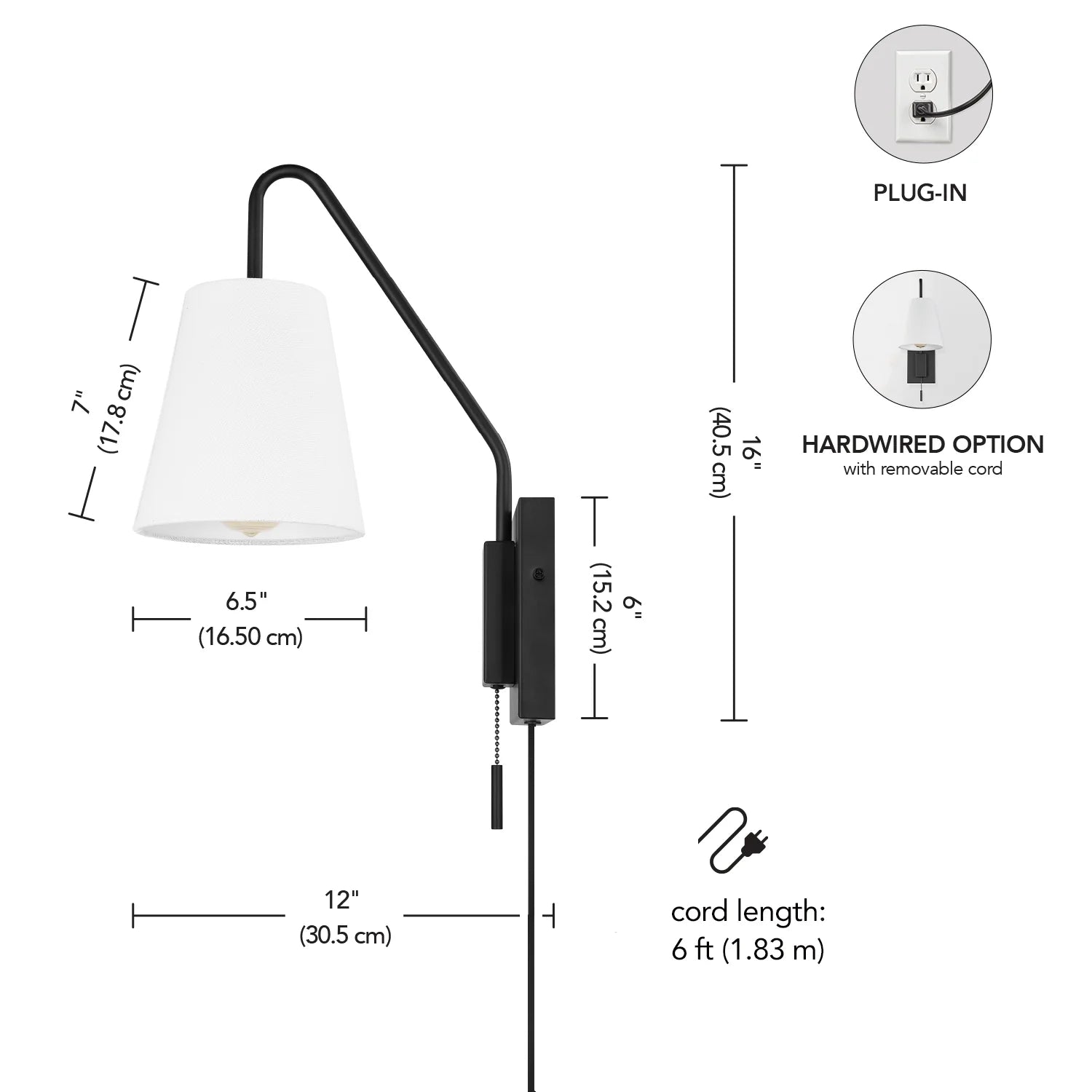 NEW/OPEN BOX Everett Matte Black Swing Arm Plug-In  Wall Sconce with White Fabric Shade