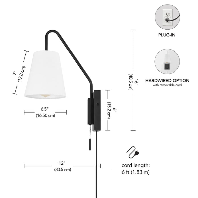 NEW/OPEN BOX Everett Matte Black Swing Arm Plug-In  Wall Sconce with White Fabric Shade