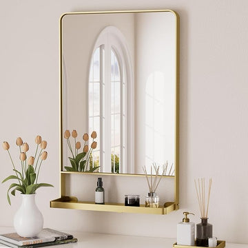 18 x 28 Inch Gold Bathroom Mirror with Shelf, Modern Metal Gold Wall Mirror with Shelf