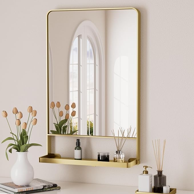 18 x 28 Inch Gold Bathroom Mirror with Shelf, Modern Metal Gold Wall Mirror with Shelf