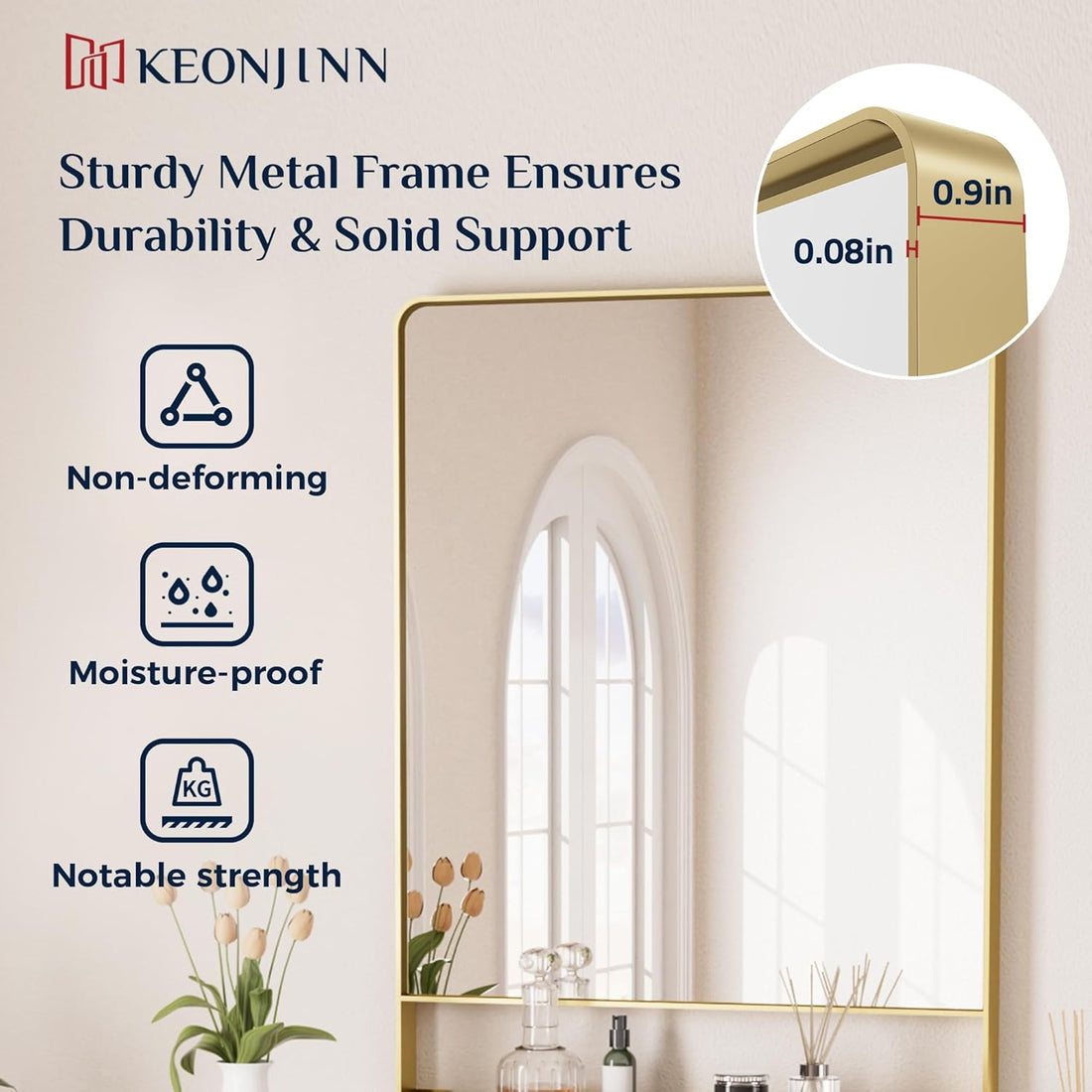 18 x 28 Inch Gold Bathroom Mirror with Shelf, Modern Metal Gold Wall Mirror with Shelf