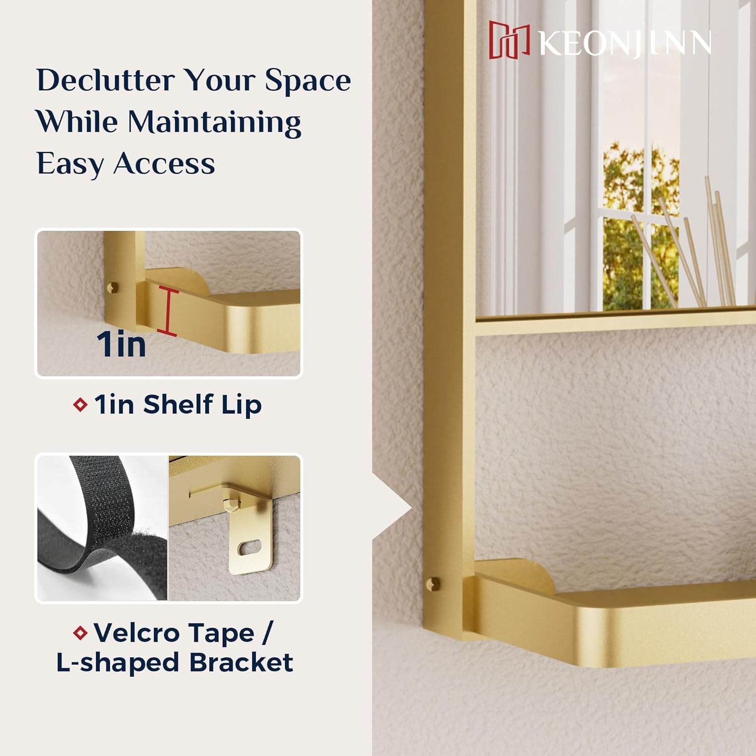 18 x 28 Inch Gold Bathroom Mirror with Shelf, Modern Metal Gold Wall Mirror with Shelf