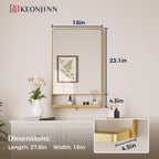 18 x 28 Inch Gold Bathroom Mirror with Shelf, Modern Metal Gold Wall Mirror with Shelf