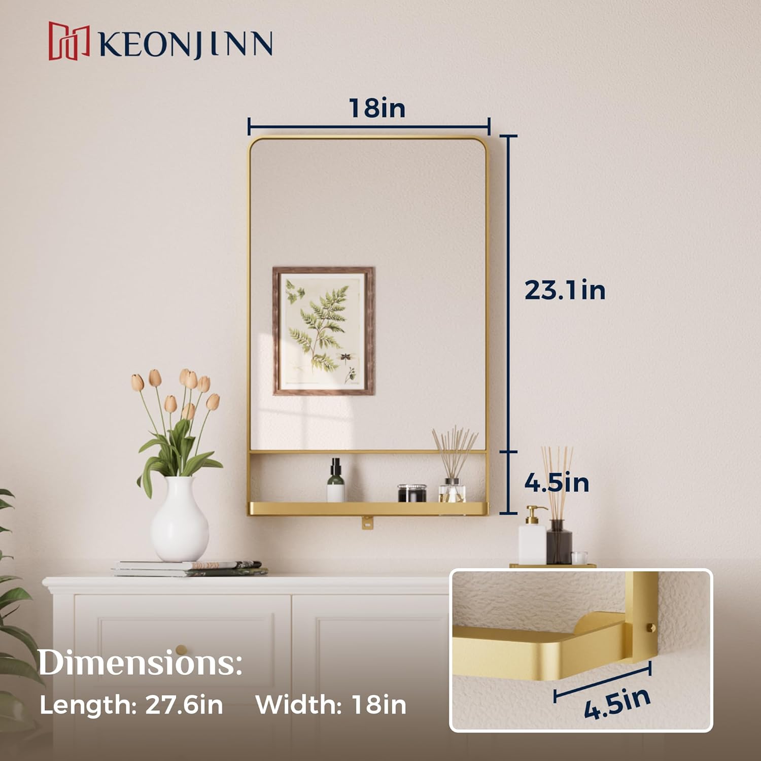 18 x 28 Inch Gold Bathroom Mirror with Shelf, Modern Metal Gold Wall Mirror with Shelf
