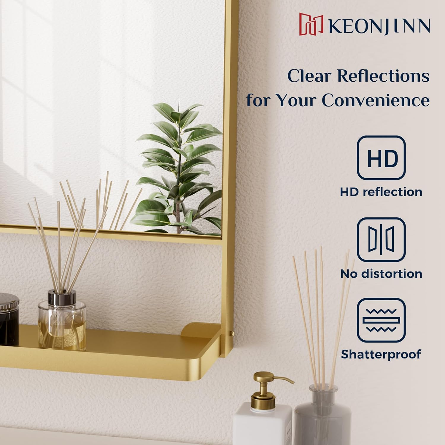 18 x 28 Inch Gold Bathroom Mirror with Shelf, Modern Metal Gold Wall Mirror with Shelf