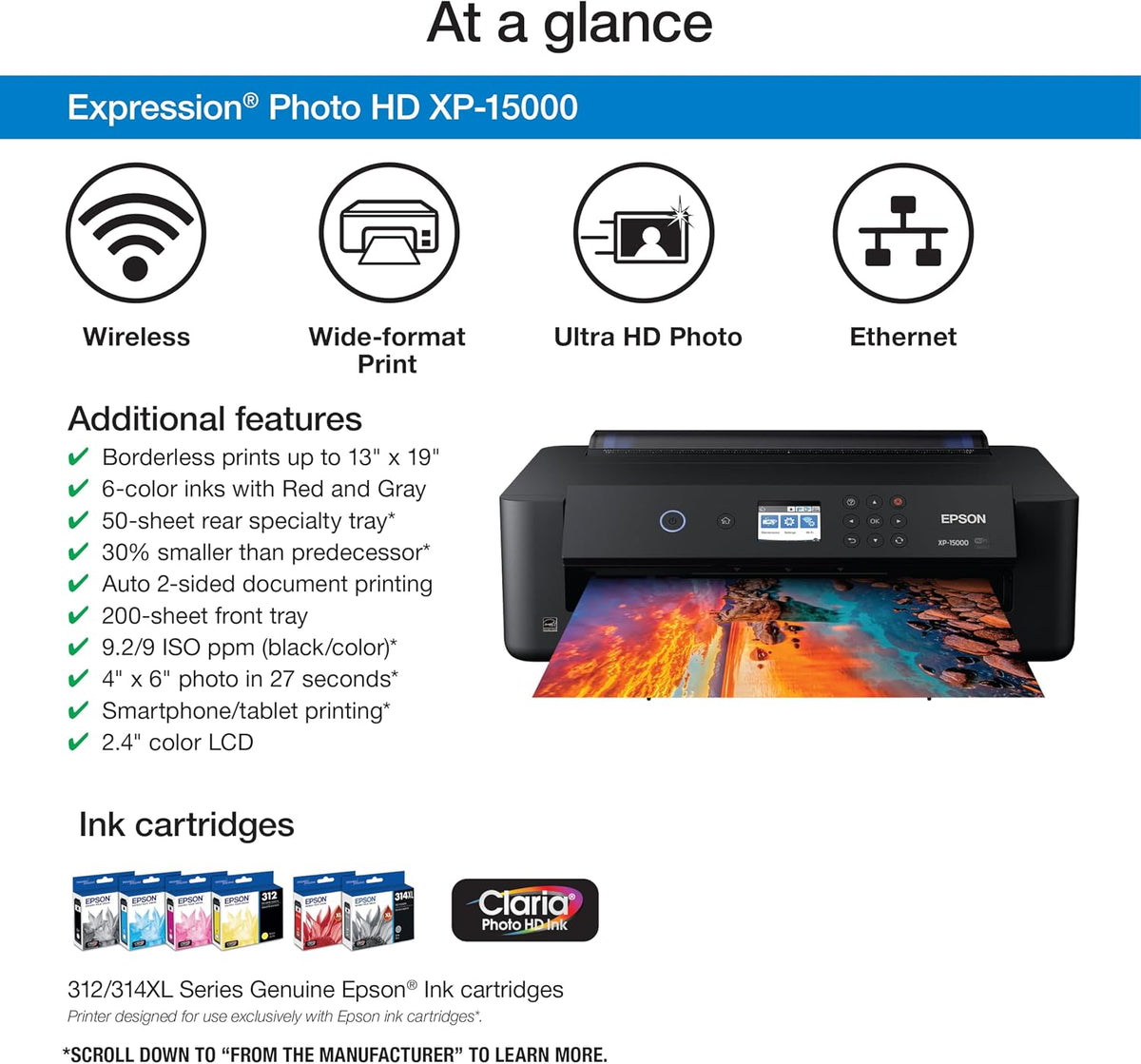 Epson Expression Photo HD XP-15000 Wireless Wide-Format Inkjet Printer 6-color wide-format photo printing; up to 9.2 ppm, 13 x 19 in., auto 2-sided