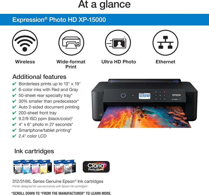 Epson Expression Photo HD XP-15000 Wireless Wide-Format Inkjet Printer 6-color wide-format photo printing; up to 9.2 ppm, 13 x 19 in., auto 2-sided