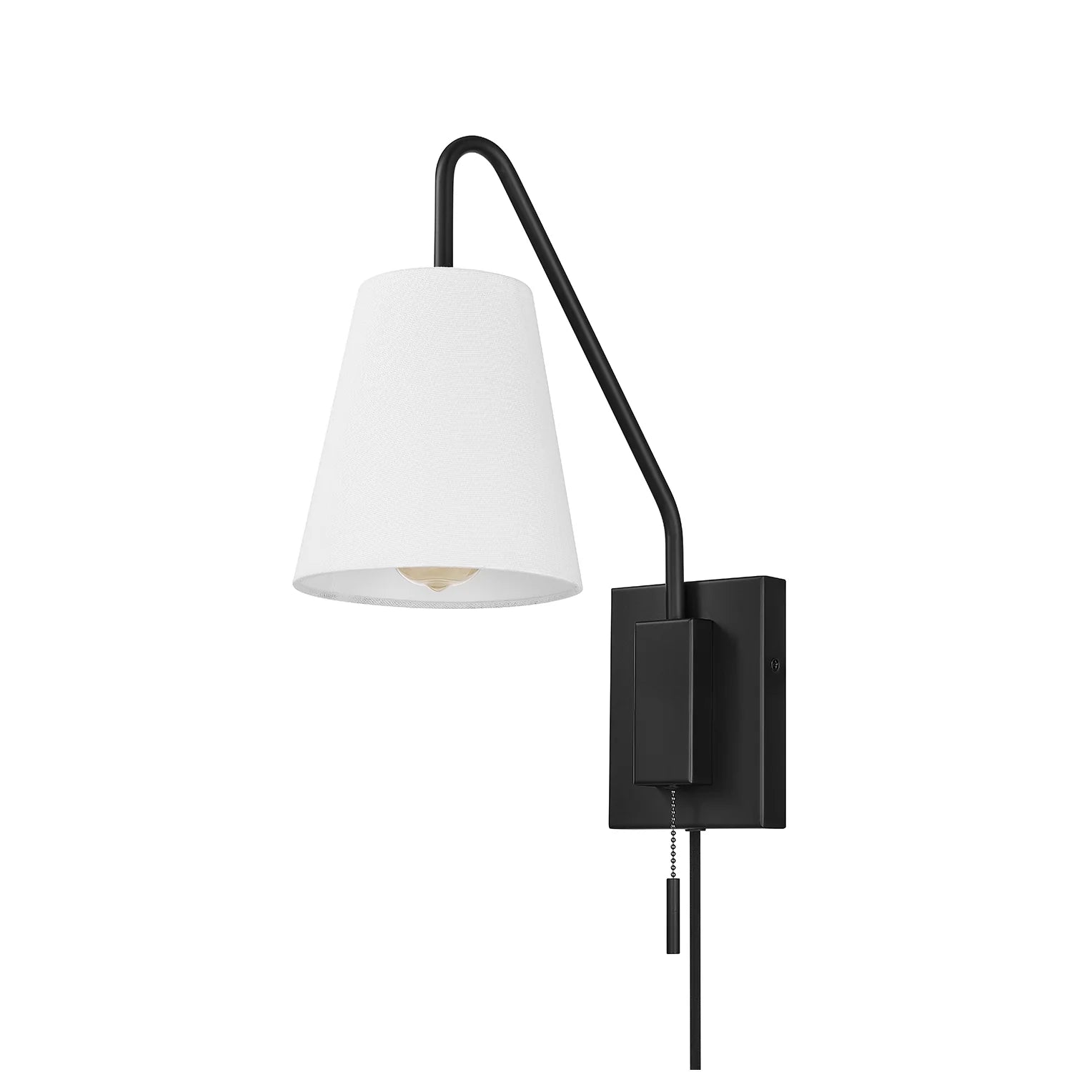 NEW/OPEN BOX Everett Matte Black Swing Arm Plug-In  Wall Sconce with White Fabric Shade