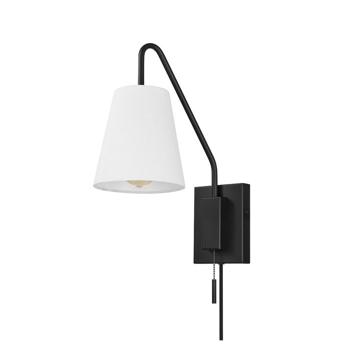 NEW/OPEN BOX Everett Matte Black Swing Arm Plug-In  Wall Sconce with White Fabric Shade